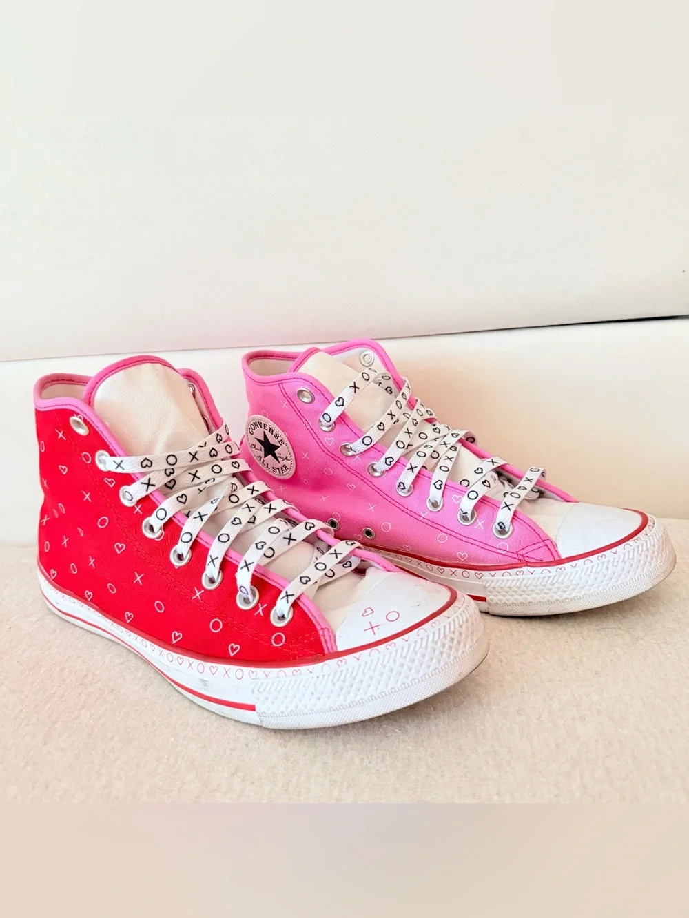 Converse high top half red , half pink “Xoxo” heart print shoes